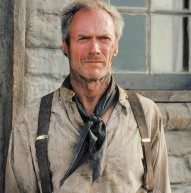 Clint Eastwood w dynamicznej pozie, symbolizującej jego role silnych i moralnych bohaterów, z twardym spojrzeniem i determinacją.